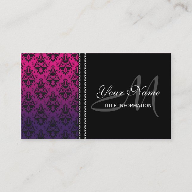 Fuchsia and Purple Damask Pattern Business Card (Front)