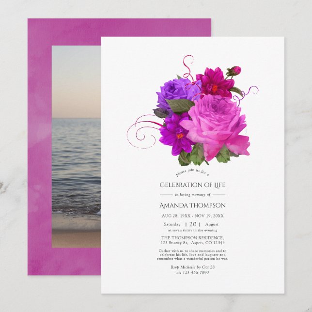 Fuchsia and Purple Shabby Celebration of Life Invitation (Front/Back)