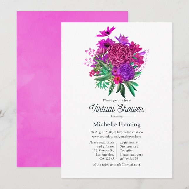 Fuchsia and Purple Shabby Floral Virtual Shower Invitation (Front/Back)