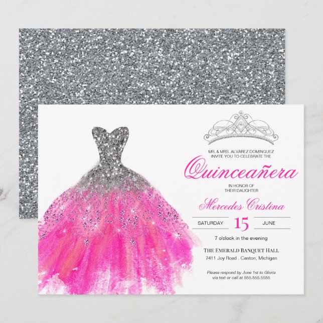 Fuchsia and Silver Glitter Glam Gown Quinceañera Invitation (Front/Back)