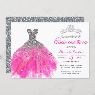 Fuchsia and Silver Glitter Glam Gown Quinceañera Invitation