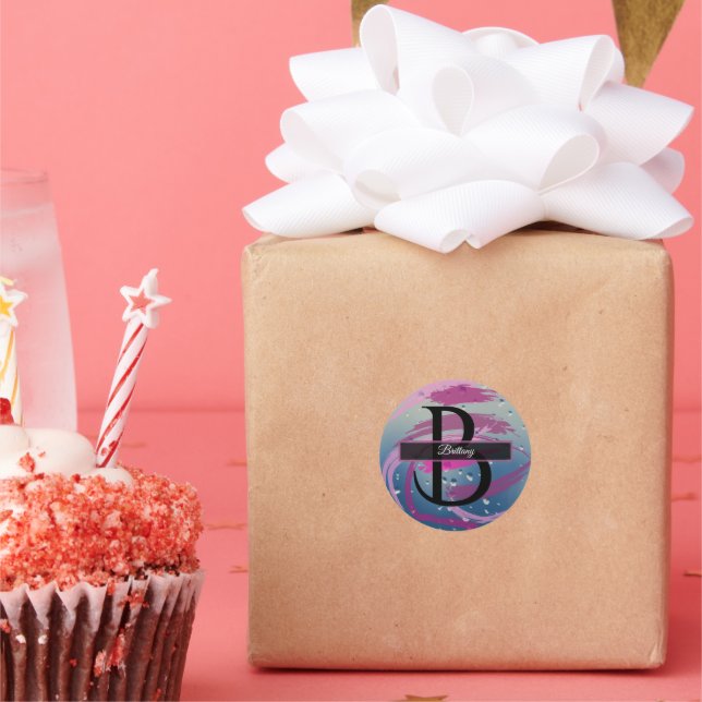 Fuchsia and Soft Pink Brushstroke Monogram  Classic Round Sticker (Party)