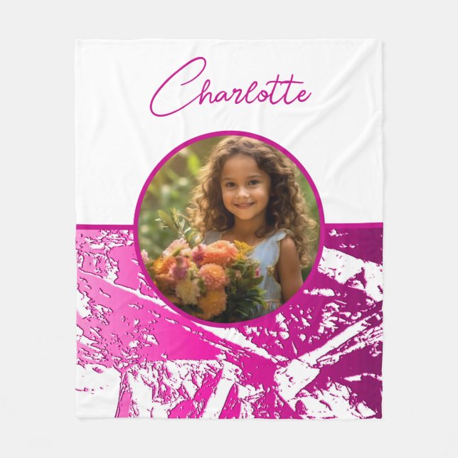 Fuchsia and White Custom Photo with Name Fleece Blanket (Front)