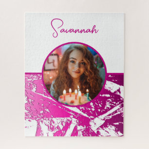 Fuchsia and White Custom Photo with Name Jigsaw Puzzle
