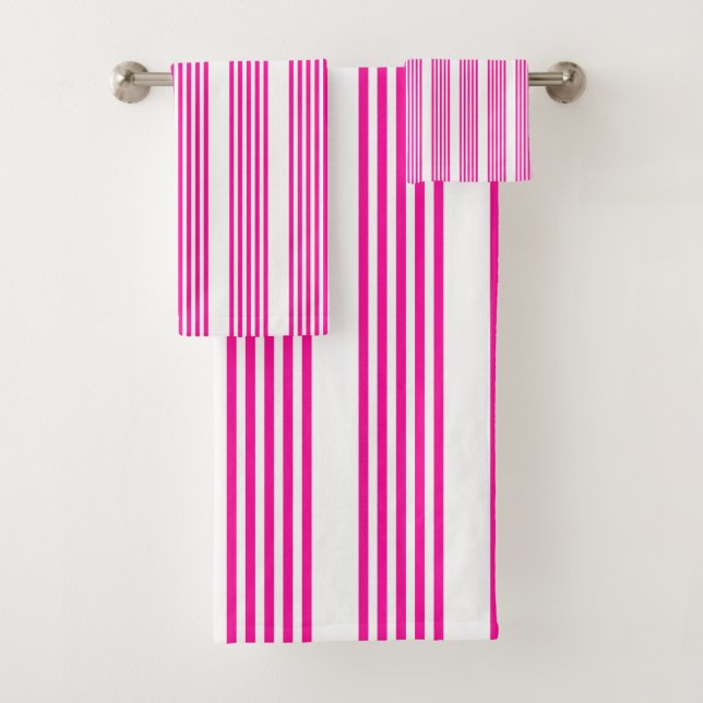 Fuchsia and white five stripes pattern bath towel set (Insitu)