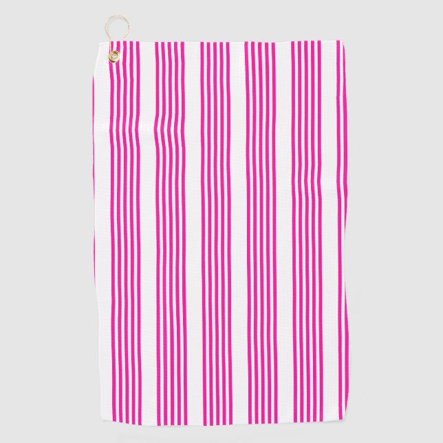 Fuchsia and white five stripes pattern golf towel (Front)