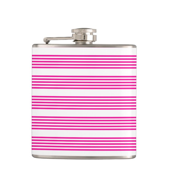 Fuchsia and white five stripes pattern hip flask (Front)