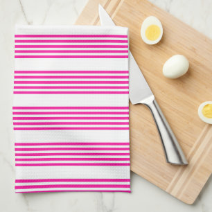 Fuchsia and white five stripes pattern tea towel