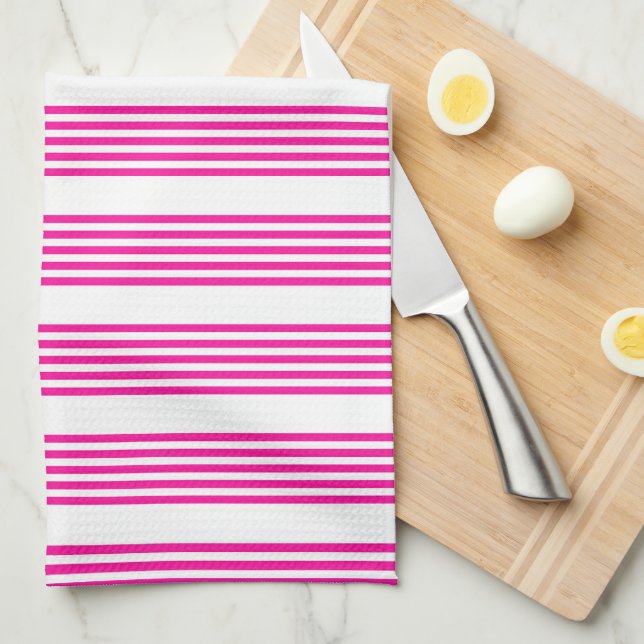Fuchsia and white five stripes pattern tea towel (Quarter Fold)