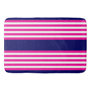 Fuchsia and white five stripes pattern with blue bath mat