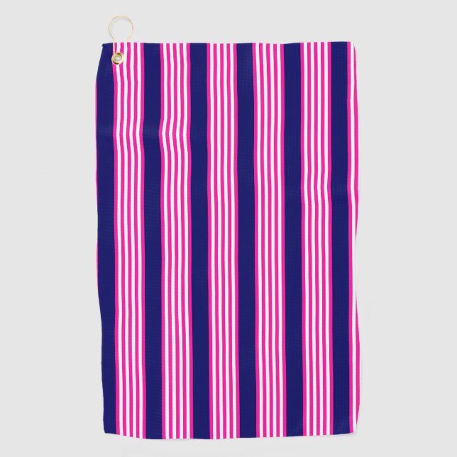 Fuchsia and white five stripes pattern with blue golf towel (Front)