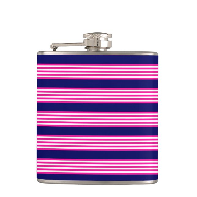 Fuchsia and white five stripes pattern with blue hip flask (Front)