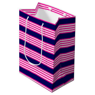 Fuchsia and white five stripes pattern with blue medium gift bag