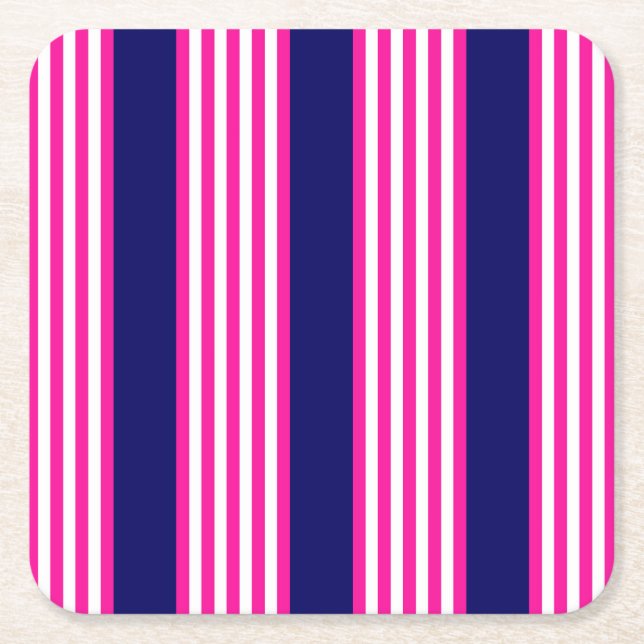 Fuchsia and white five stripes pattern with blue square paper coaster (Front)