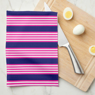 Fuchsia and white five stripes pattern with blue tea towel