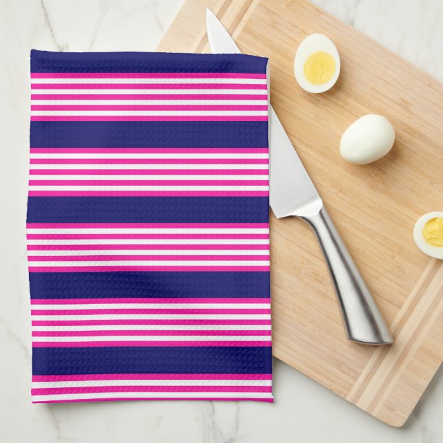 Fuchsia and white five stripes pattern with blue tea towel (Quarter Fold)