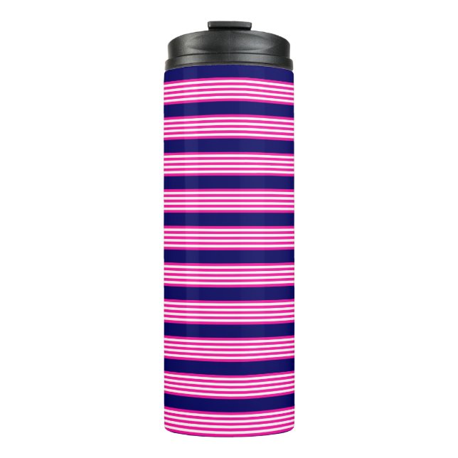 Fuchsia and white five stripes pattern with blue thermal tumbler (Front)