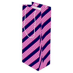 Fuchsia and white five stripes pattern with blue wine gift bag