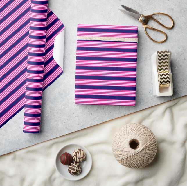 Fuchsia and white five stripes pattern with blue wrapping paper (Crafts)
