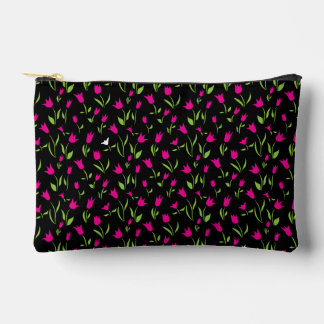 Fuchsia and White Tulips on Black Background Accessory Pouch