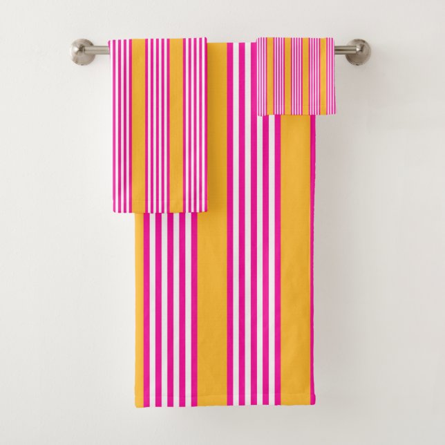 Fuchsia and yellow five stripes pattern bath towel set (Insitu)