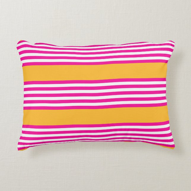 Fuchsia and yellow five stripes pattern decorative cushion (Front)