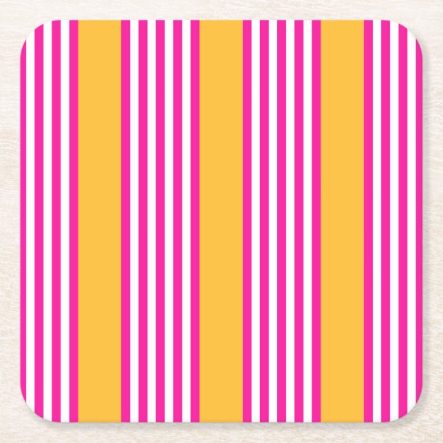 Fuchsia and yellow five stripes pattern square paper coaster (Front)