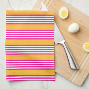 Fuchsia and yellow five stripes pattern tea towel
