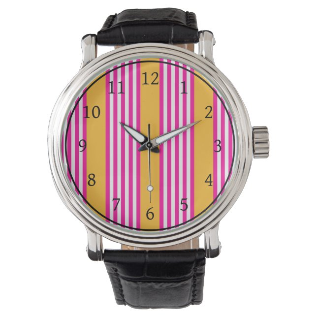 Fuchsia and yellow five stripes pattern watch (Front)