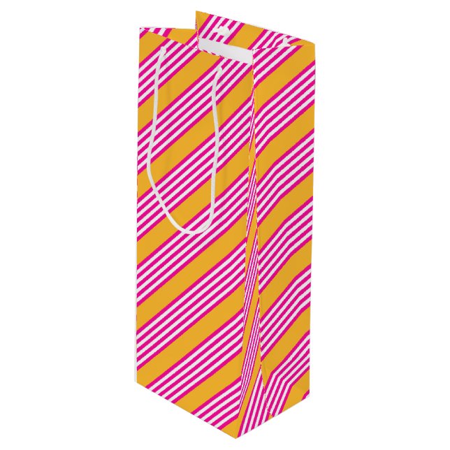 Fuchsia and yellow five stripes pattern wine gift bag (Front Angled)
