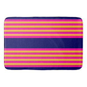 Fuchsia and yellow stripes with navy blue bath mat