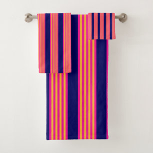 Fuchsia and yellow stripes with navy blue bath towel set