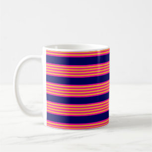 Fuchsia and yellow stripes with navy blue coffee mug