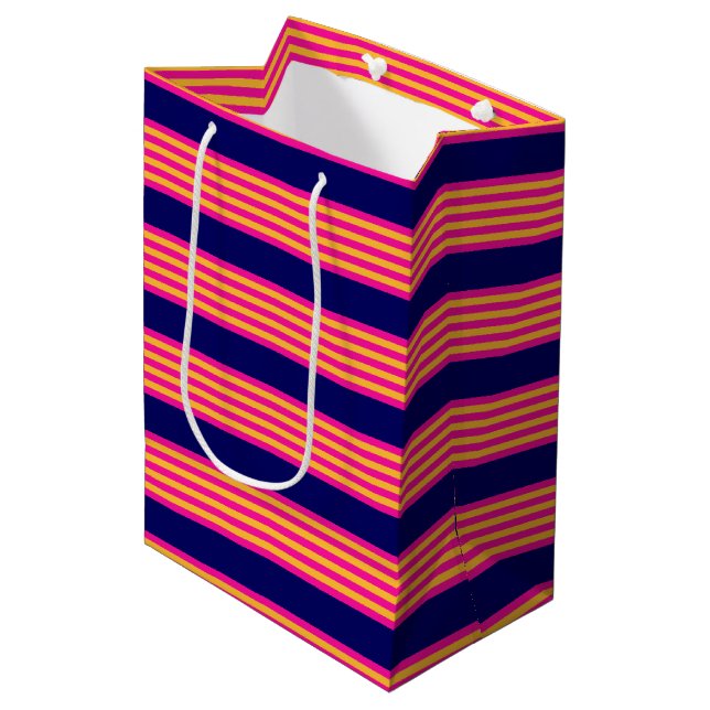 Fuchsia and yellow stripes with navy blue medium gift bag (Front Angled)