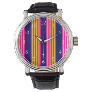 Fuchsia and yellow stripes with navy blue watch