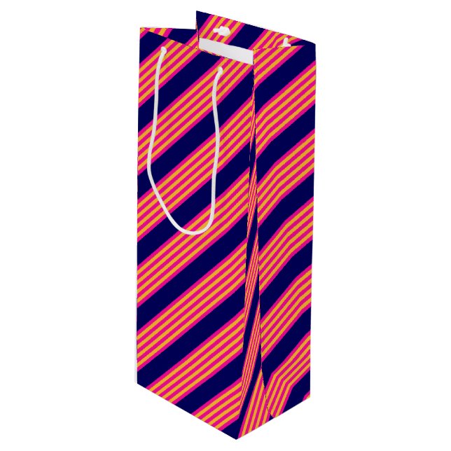 Fuchsia and yellow stripes with navy blue wine gift bag (Front Angled)
