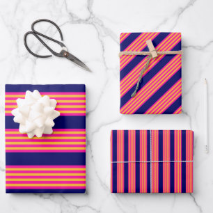 Fuchsia and yellow stripes with navy blue wrapping paper sheet