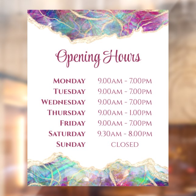 Fuchsia Aquamarine Opal Design Opening Hours Window Cling (Sheet 2)