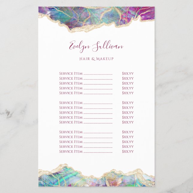 Fuchsia aquamarine opal design price list flyer (Front)