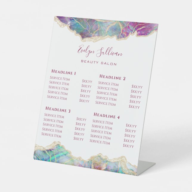 Fuchsia Aquamarine Opal Design Price List Pedestal Sign (Front)