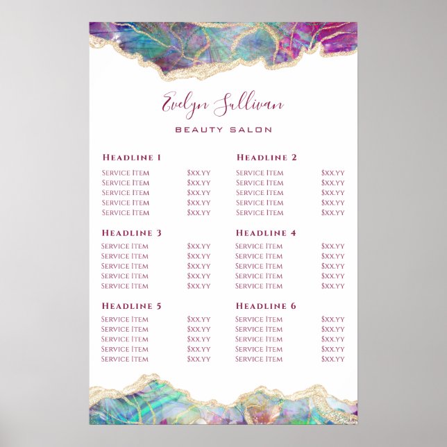 Fuchsia Aquamarine Opal Design Price List Poster (Front)