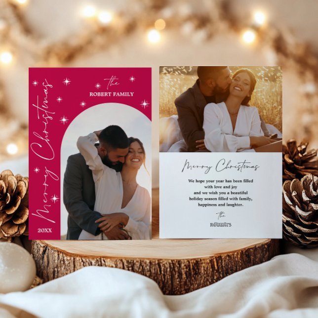 Fuchsia Arch Chic Script 2 Photo MERRY Christmas  Holiday Card (Creator Uploaded)