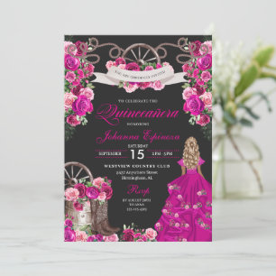 Fuchsia & Black Cowgirl Western Charro Quinceanera Invitation