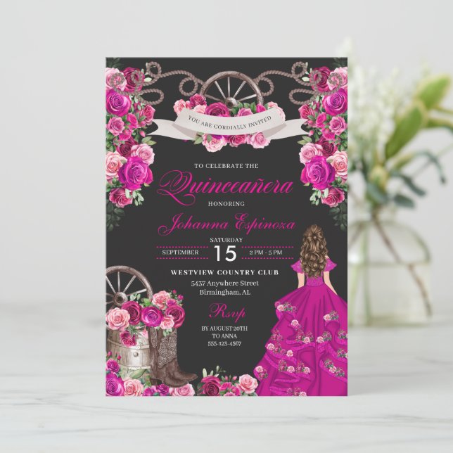 Fuchsia & Black Cowgirl Western Charro Quinceanera Invitation (Standing Front)