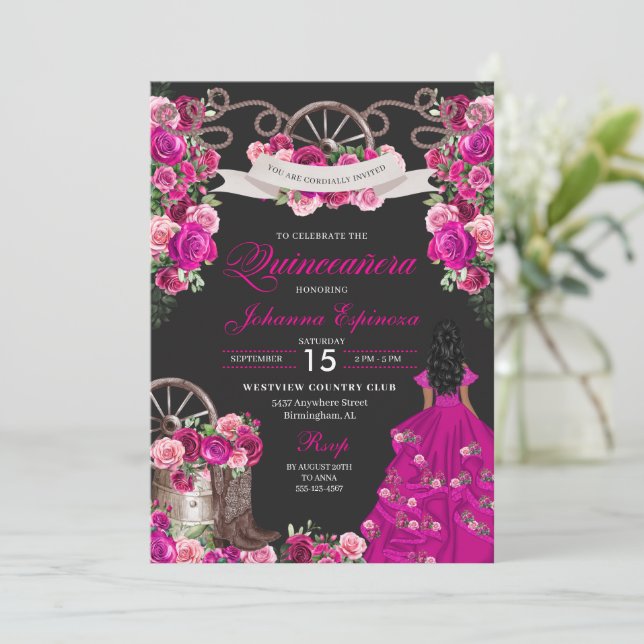 Fuchsia & Black Cowgirl Western Charro Quinceanera Invitation (Standing Front)
