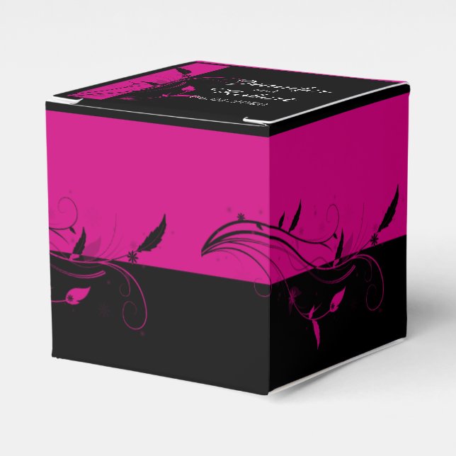 Fuchsia Black Floral Filigree Wedding Favour Box (Front Side)