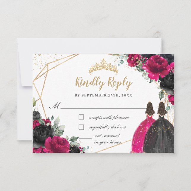 Fuchsia Black Floral Twins Quinceañera XV Reply RSVP Card (Front)