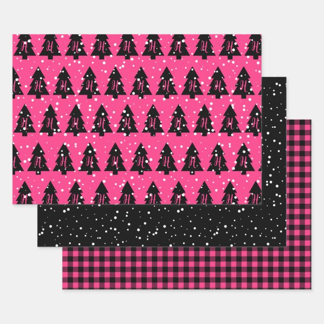 Fuchsia & Black Monogram Wrapping Paper Sheet (Set)