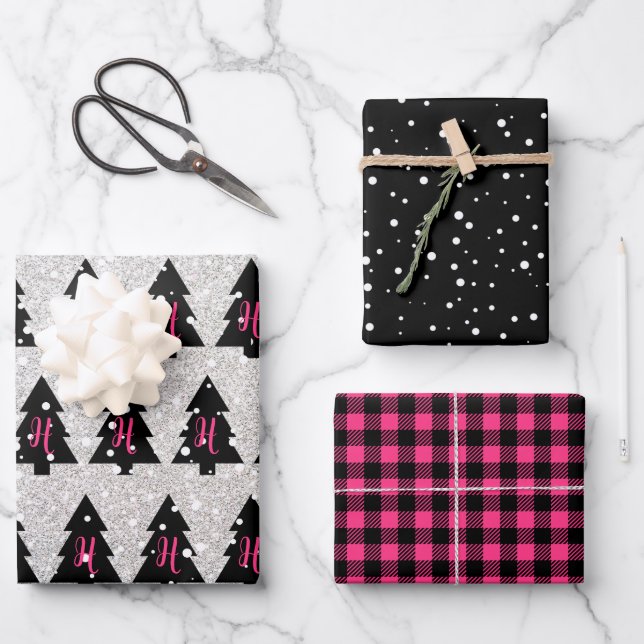 Fuchsia & Black Monogram Wrapping Paper Sheets (Front)