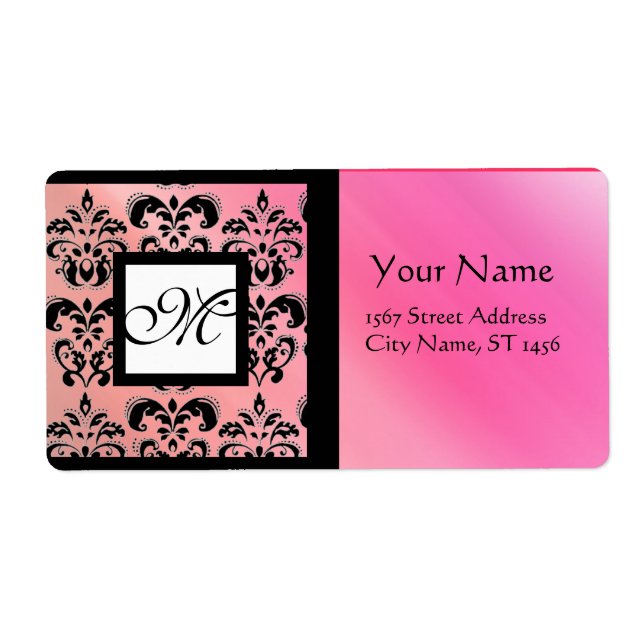 FUCHSIA BLACK PINK SILK DAMASK, SQUARE MONOGRAM (Front)